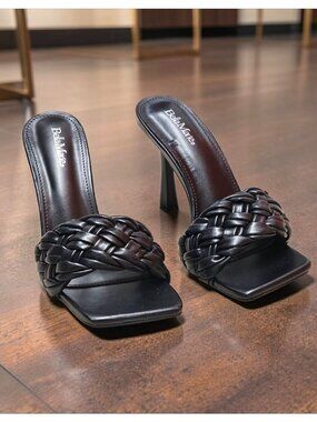 Braided Black High-Heel Sandals With Square Toe & Slip-On Design By Bella Marie